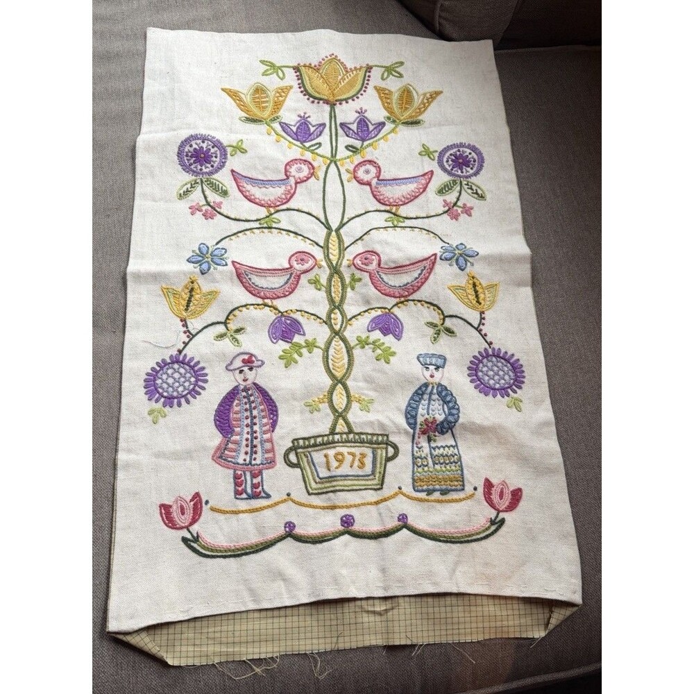 Vintage Hand Embroidered Tree Of Life  Sampler Wall Hanging 17” X 28” 1973